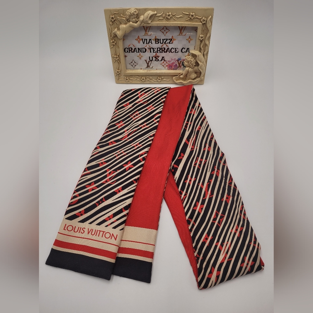 Authentic Louis Vuitton 100% Silk Almazing Bandeau Scarf RED/BLK/IVORY